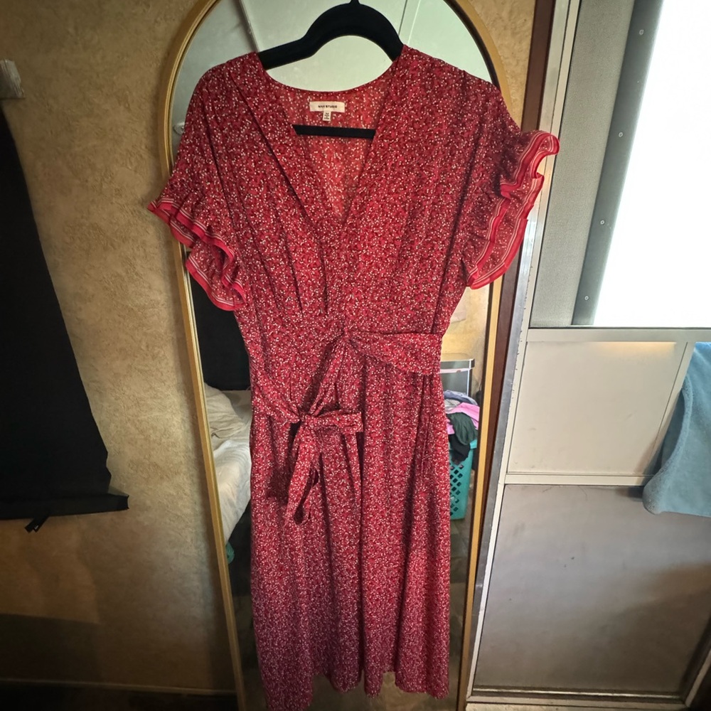 Max Studio Red Wrap Midi Dress with Flutter Sleeves
